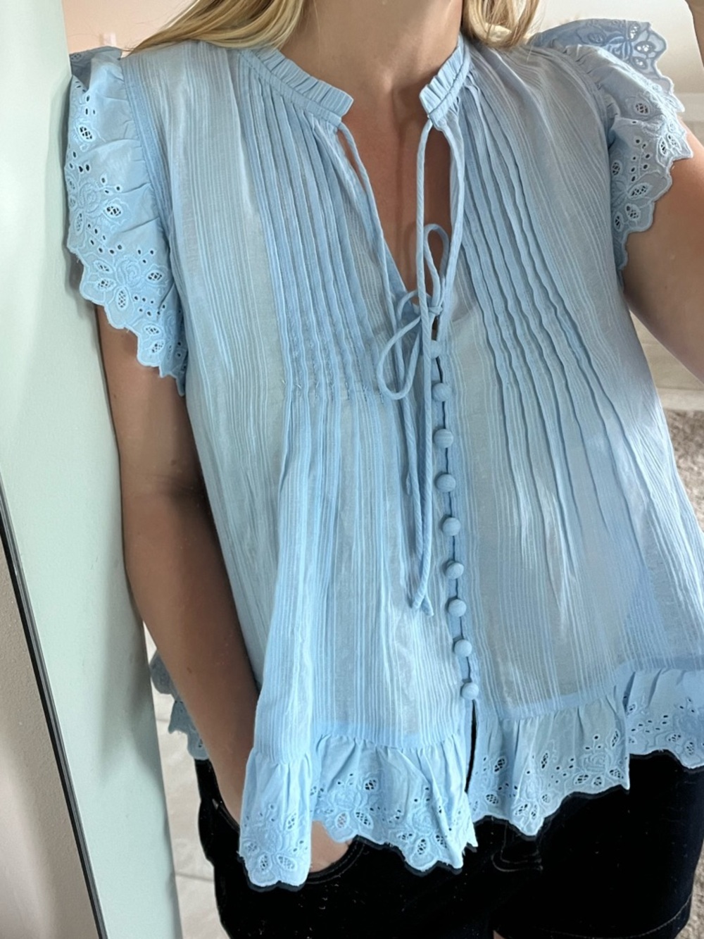 Doen inspired Heartloom Light Blue Eyelet Ruffle Button-Front Top